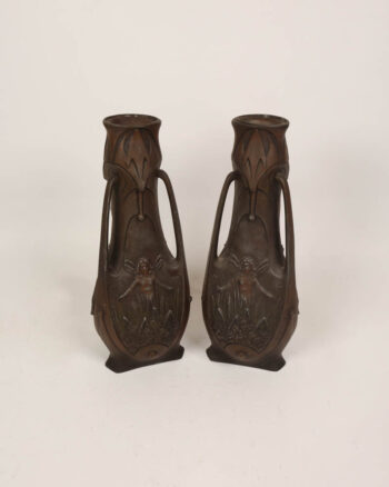 Art Nouveau Metal Vases with Fairy Figure and Handles