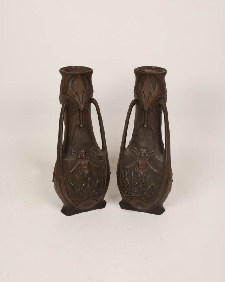 Art Nouveau Metal Vases with Fairy Figure and Handles