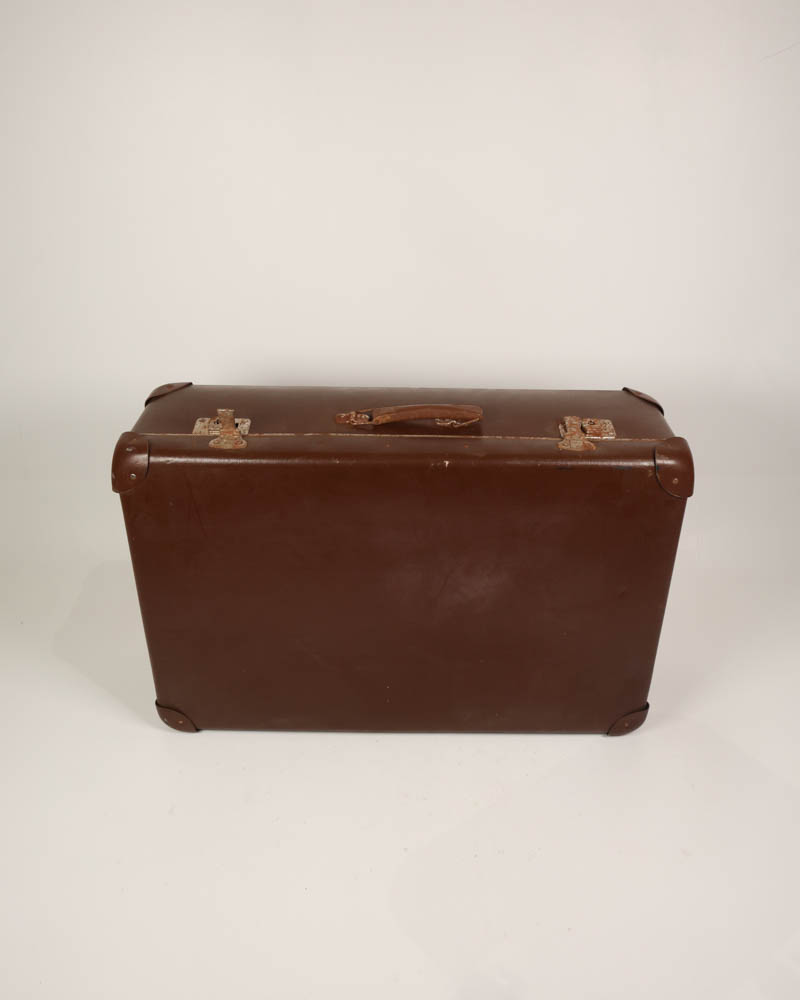 Large Vintage Brown Leather Suitcase with Metal Hardware
