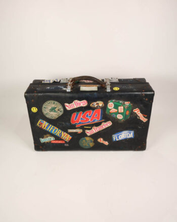 Vintage Travel Suitcase with Travel Stickers and Leather Handle