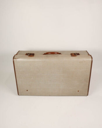 Vintage Fabric Suitcase with Leather Handle & Plaid Lining