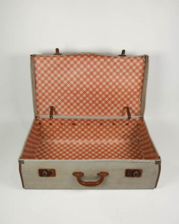 Vintage Fabric Suitcase with Leather Handle & Plaid Lining