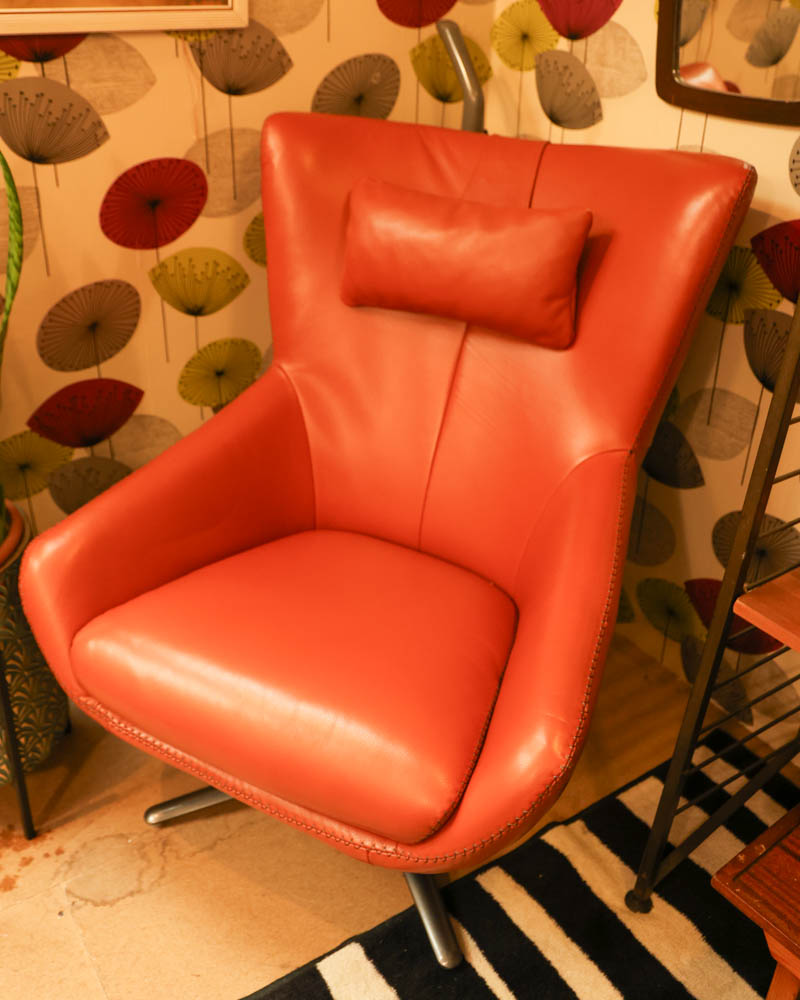 Modern Orange Leather Swivel Armchair with Headrest
