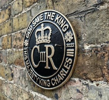 Cast Iron King Charles III Coronation Metal Wall Plaque with Crown