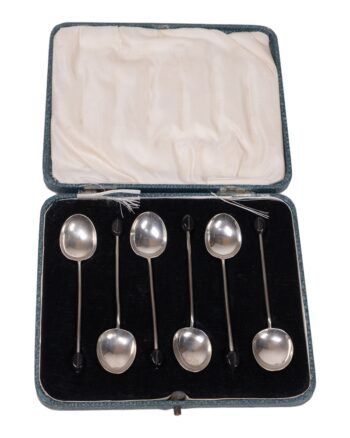Cased Set of 6 Vintage Solid Silver & Ebony Coffee Spoons