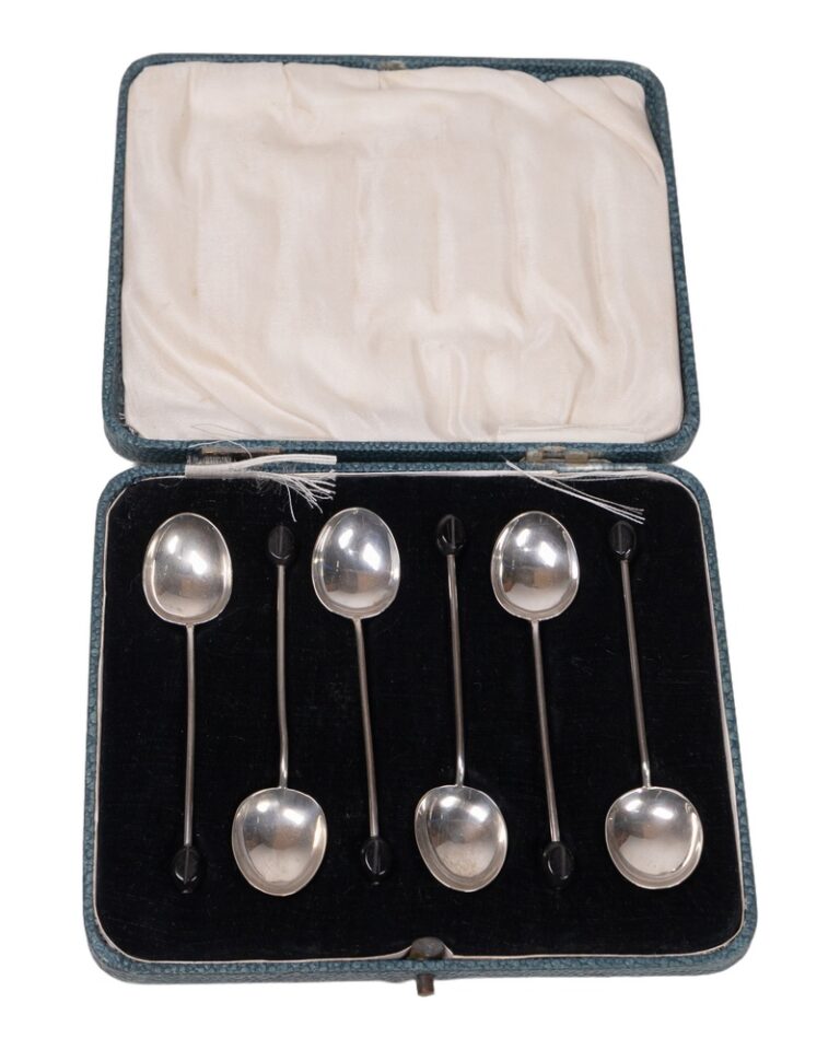 Cased Set of 6 Vintage Solid Silver & Ebony Coffee Spoons