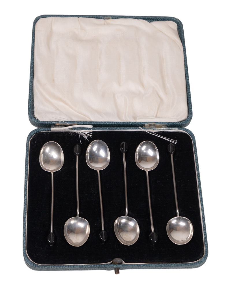Cased Set of 6 Vintage Solid Silver & Ebony Coffee Spoons