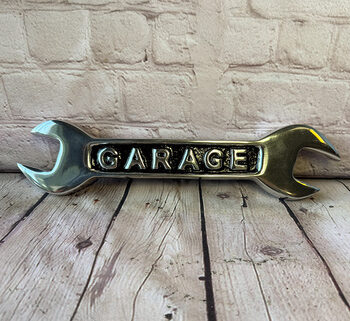 Silver Metal Garage Wrench Sign with Black Inlay – New