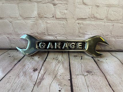 Silver Metal Garage Wrench Sign with Black Inlay – New