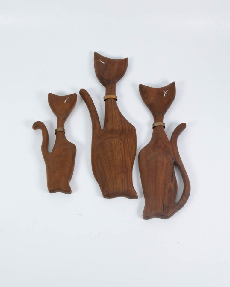 Mid-Century Modern Carved Wood Cat Figures with Metal Collars