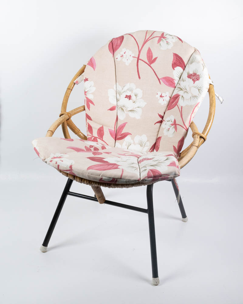 Mid-Century Rattan Chair with Floral Fabric Cushion