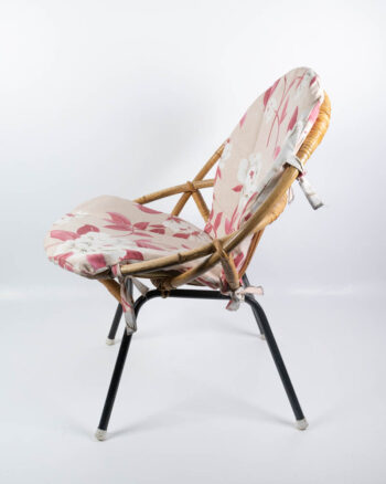 Mid-Century Rattan Chair with Floral Fabric Cushion
