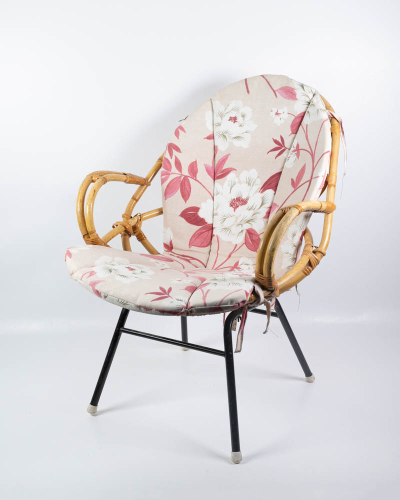 Vintage Rattan Armchair with Floral Cushion