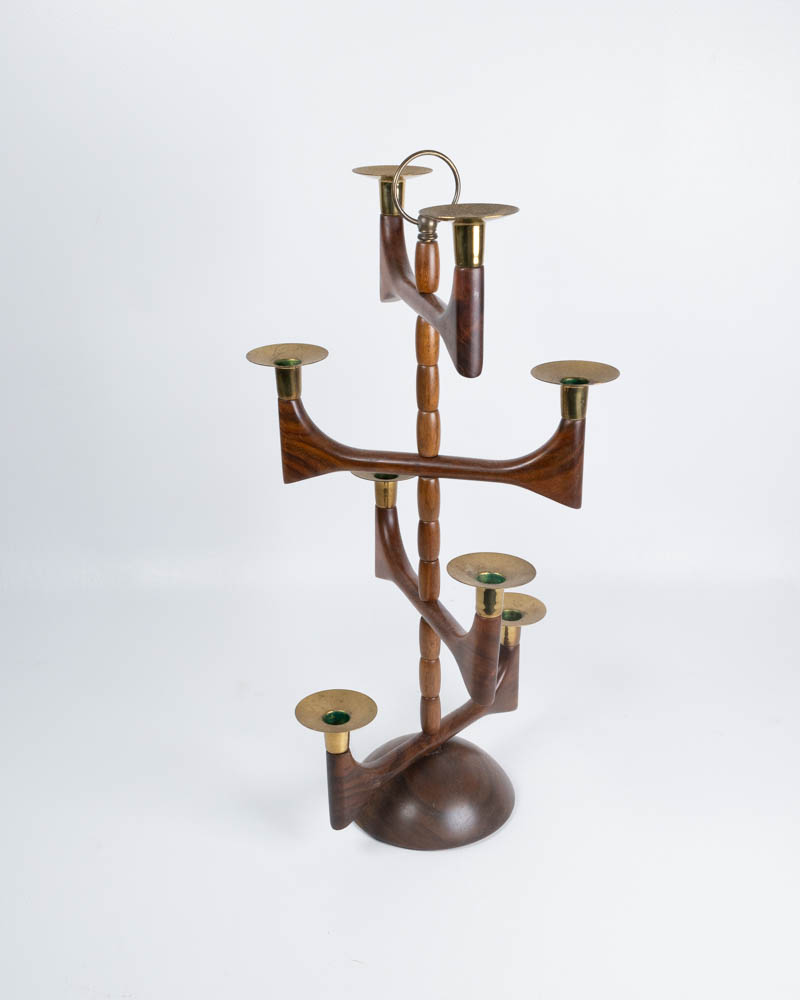 Mid-Century Wooden Candelabra with Brass Candle Holders