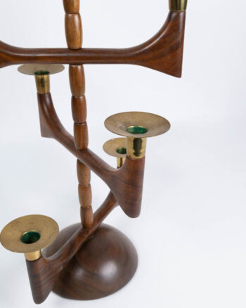 Mid-Century Wooden Candelabra with Brass Candle Holders