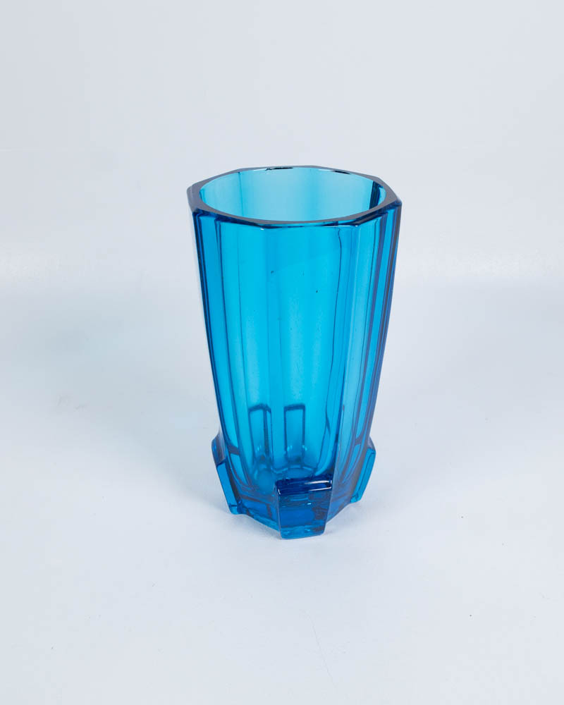 Art Deco Blue Glass Vase with Faceted Design