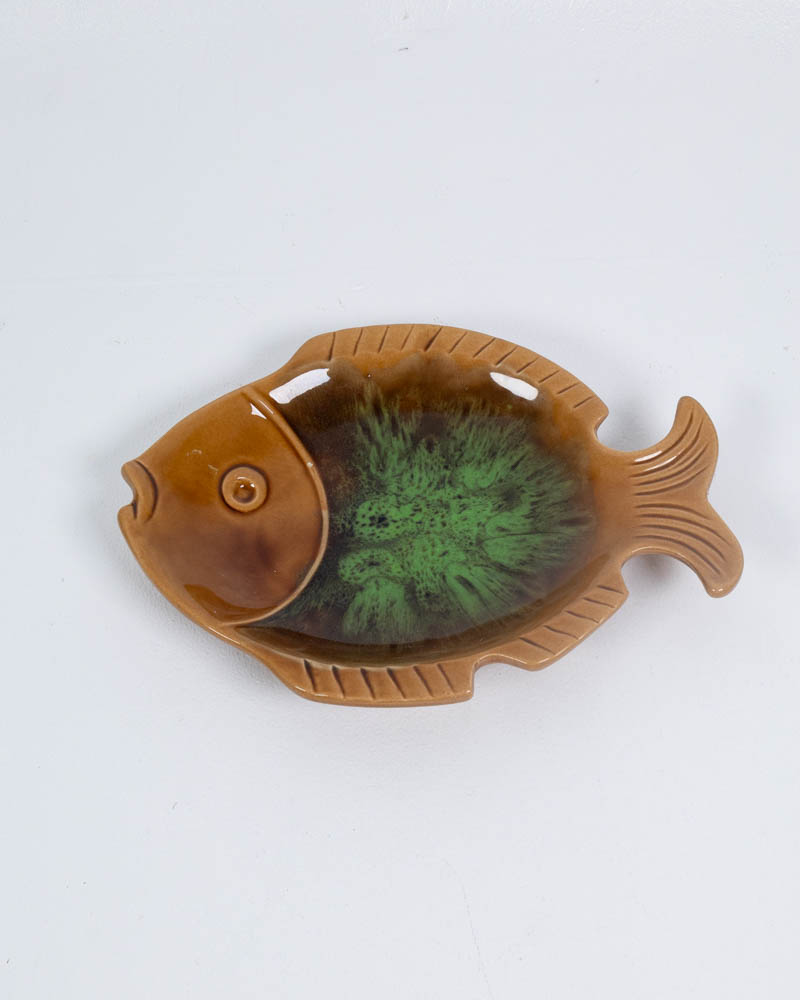 Vintage Ceramic Fish Shaped Serving Dish with Green Glaze