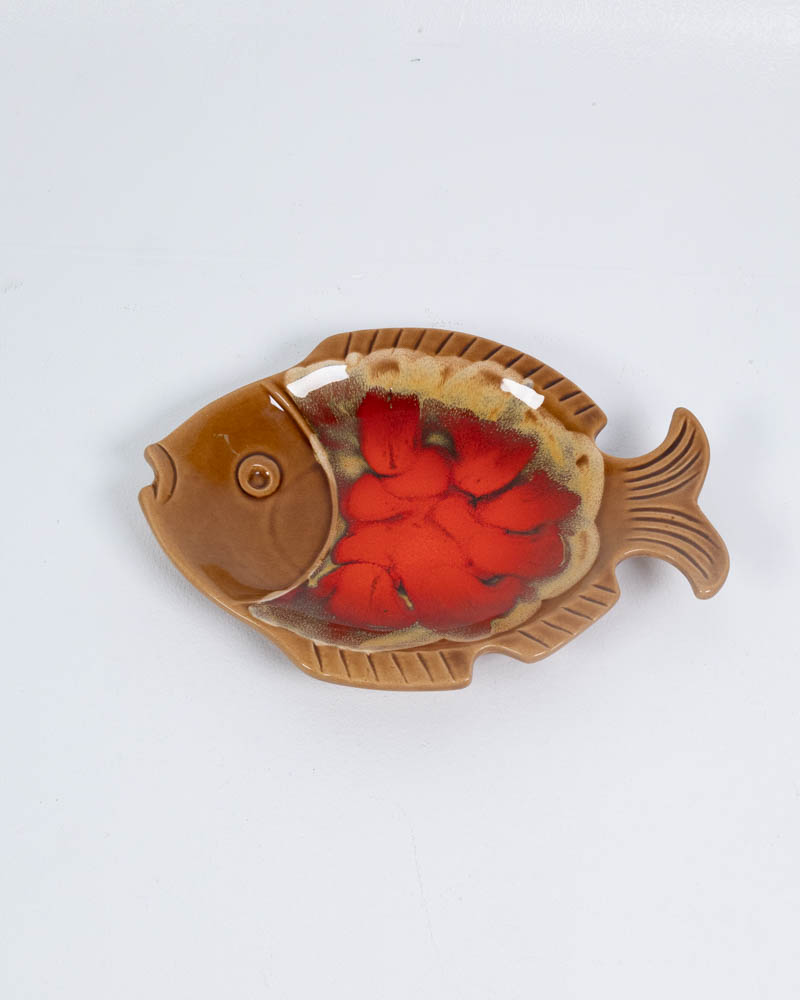 Ceramic Fish Shaped Dish with Brown and Red Glaze
