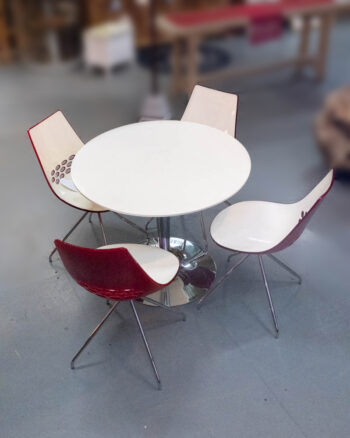 Mid-Century White Table with Red & White Chairs
