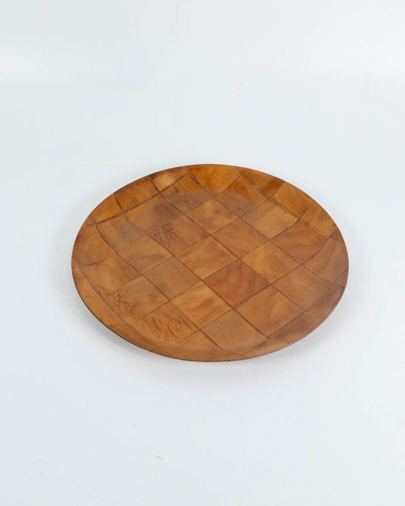 Vintage Wooden Woven Tray with Checkerboard Pattern