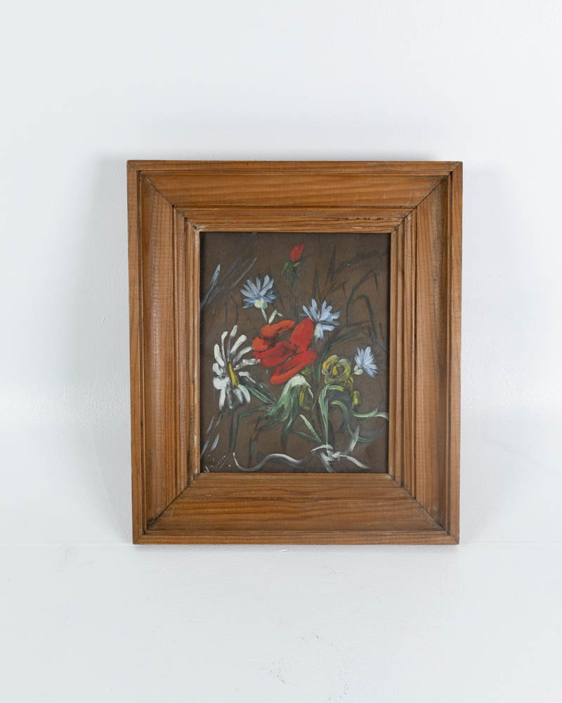 Vintage Floral Oil Painting in Wood Frame with Flowers
