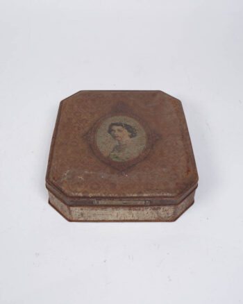Vintage Tin Box with Portrait Graphic and Floral Pattern