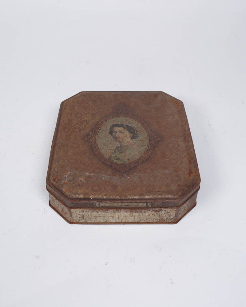 Vintage Tin Box with Portrait Graphic and Floral Pattern