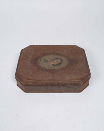 Vintage Tin Box with Portrait Graphic and Floral Pattern
