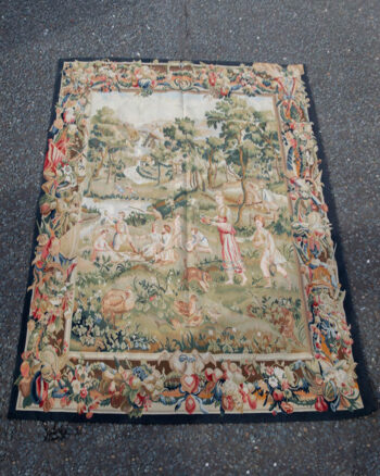 Handmade Vintage Floral Tapestry Rug with Pastoral Scene and Figures – 8-17CH