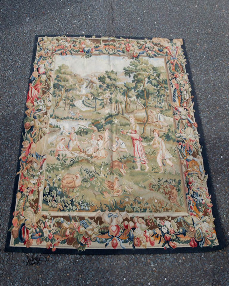 Handmade Vintage Floral Tapestry Rug with Pastoral Scene and Figures - 8-17CH