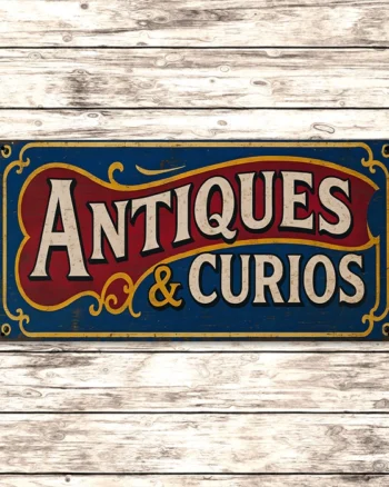 Antiques & Curios Style Wooden Sign with Decorative Trim