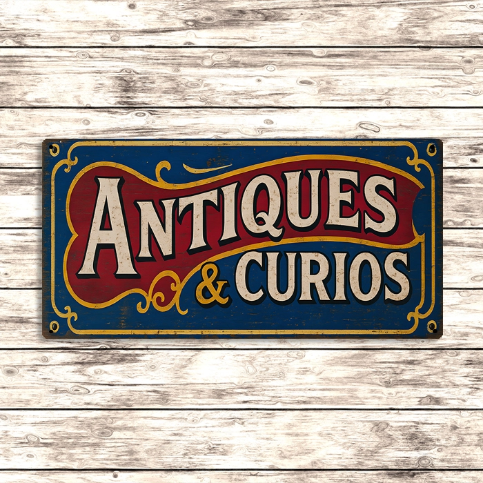 Antiques & Curios Style Wooden Sign with Decorative Trim