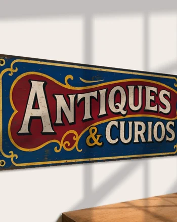 Antiques & Curios Style Wooden Sign with Decorative Trim