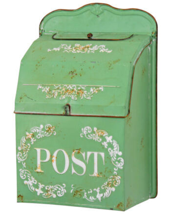 Green Metal Post Box with White Floral Decoration