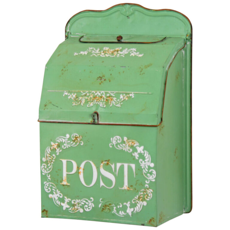 Green Metal Post Box with White Floral Decoration