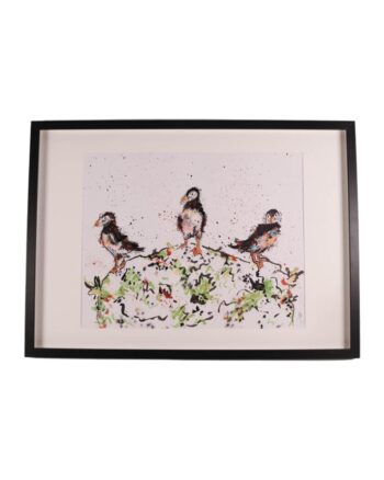 ‘Triple Take’ – Framed Puffin Painting with Black Frame by Kate Broderick