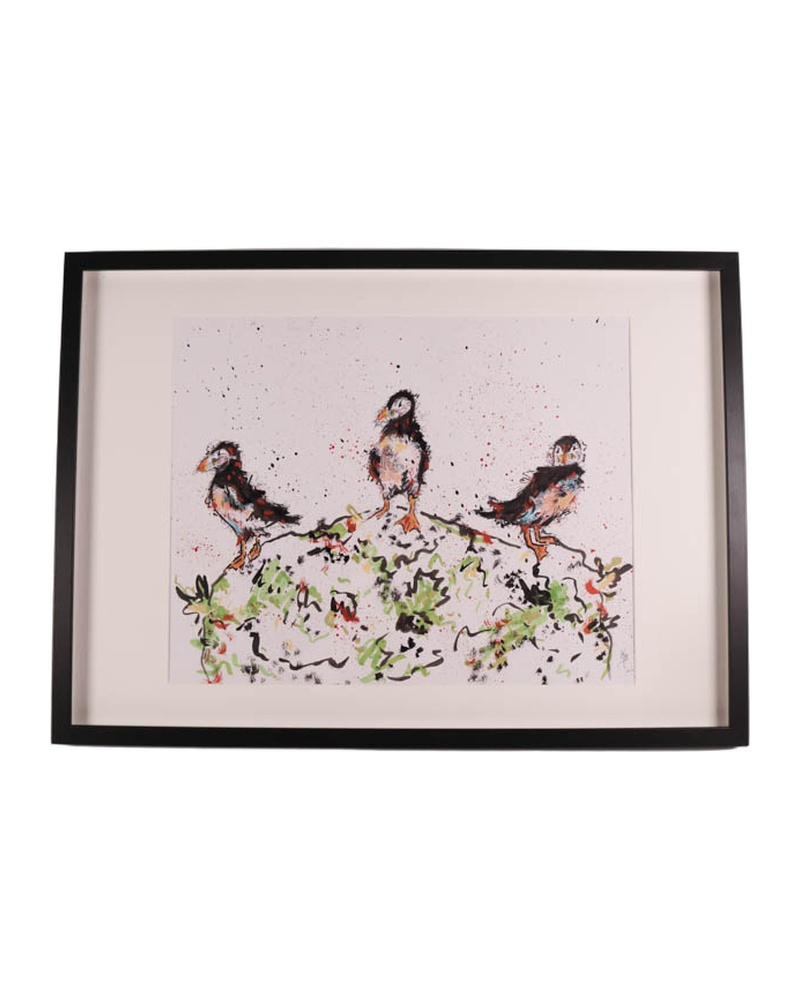‘Triple Take’ – Framed Puffin Painting with Black Frame by Kate Broderick
