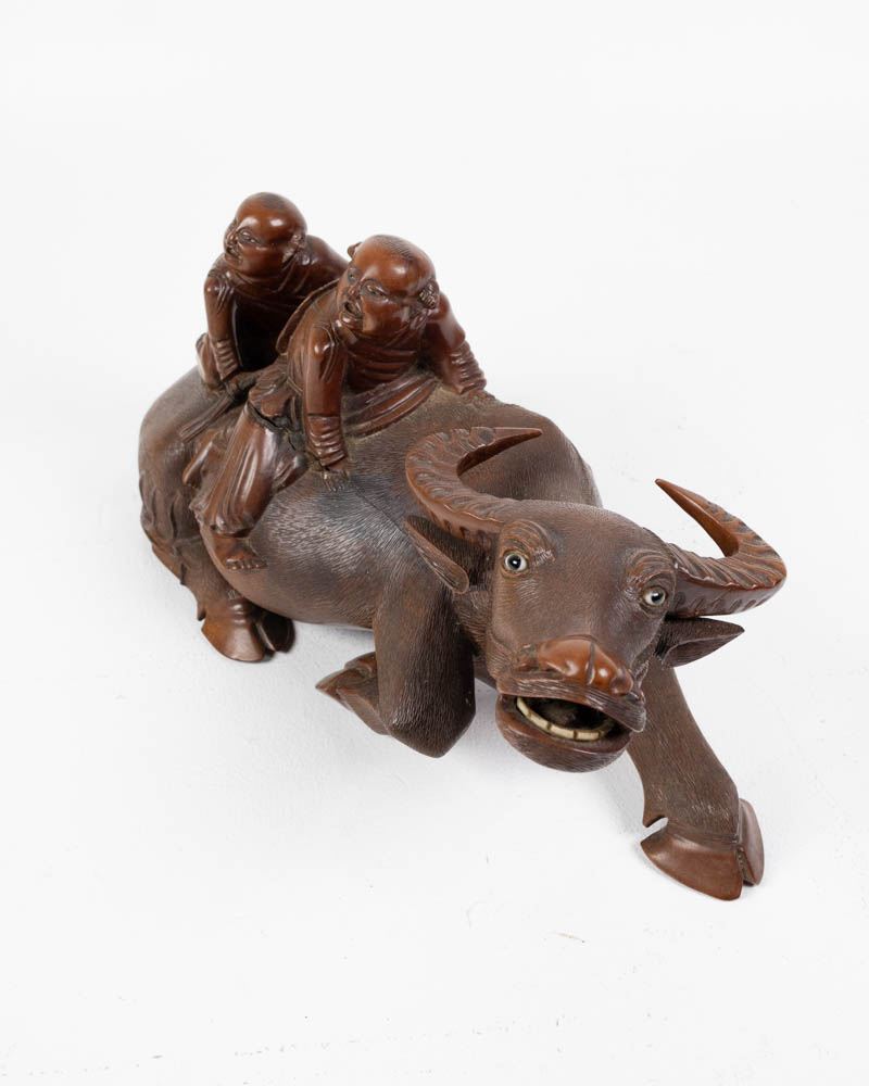 Vintage Chinese Carved Wood Ox with Two Figures Sculpture