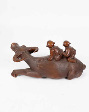 Vintage Chinese Carved Wood Ox with Two Figures Sculpture