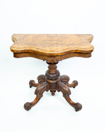 Antique Victorian Walnut Flip Top Card Table with Carved Detail