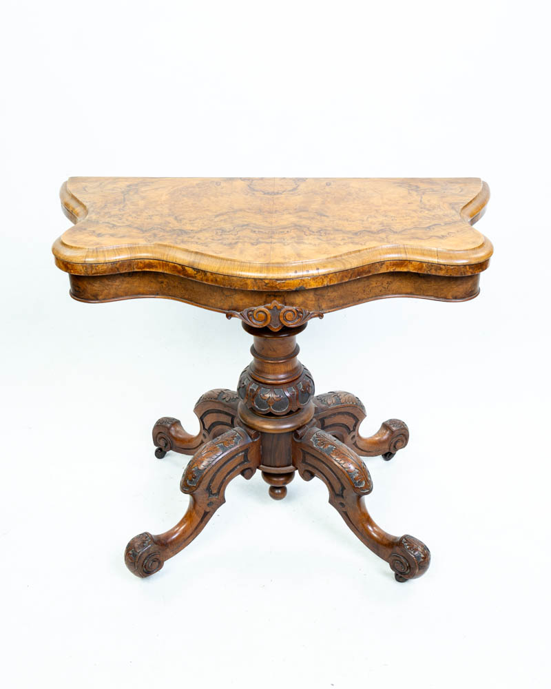 Antique Victorian Walnut Flip Top Card Table with Carved Detail