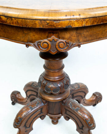 Antique Victorian Walnut Flip Top Card Table with Carved Detail