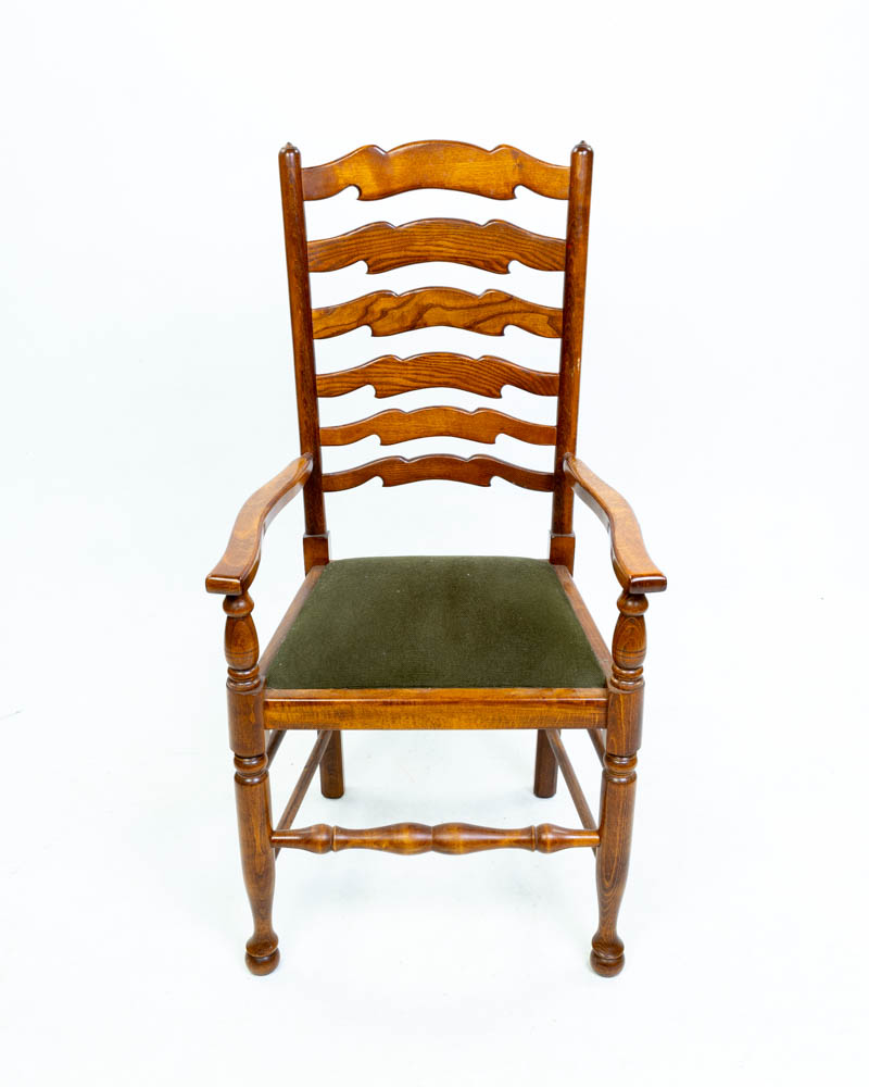 Vintage Wooden Ladderback Dining Chairs with Green Upholstery