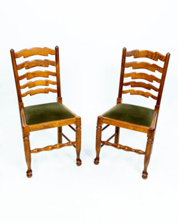 6 x Vintage Ladderback Wooden Chairs with Green Velvet Seats