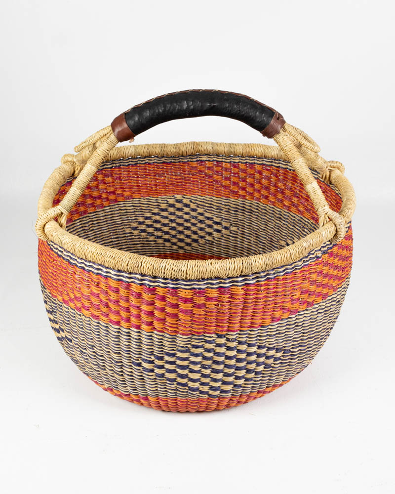 Hand Woven Orange and Black Bolga Basket with Leather Handle