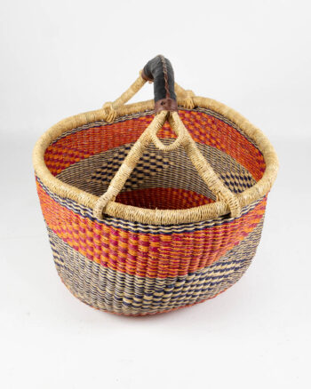 Hand Woven Orange and Black Bolga Basket with Leather Handle
