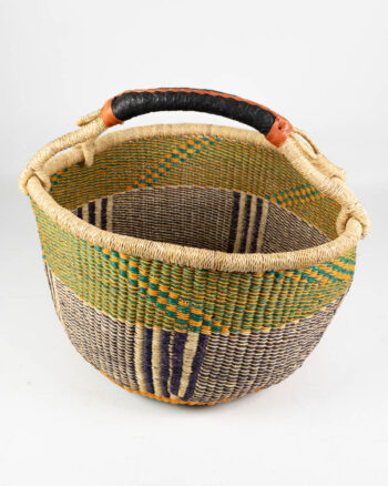 Handwoven Green and Yellow Bolga Market Basket with Leather Handle