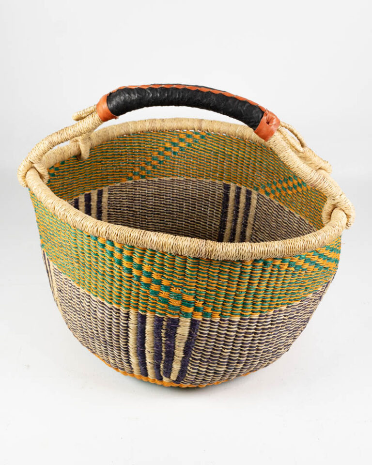 Handwoven Green and Yellow Bolga Market Basket with Leather Handle