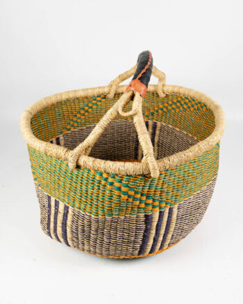 Handwoven Green and Yellow Bolga Market Basket with Leather Handle