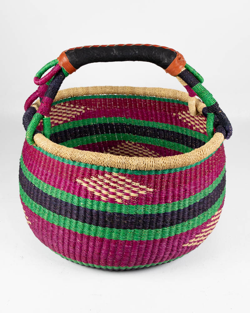 Hand Woven Purple and Green Bolga Market Basket with Tribal Pattern